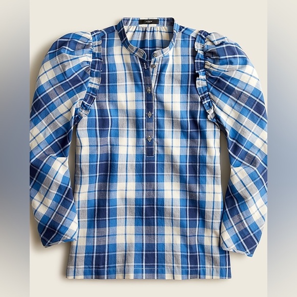 J.Crew Puff Sleeve Valley Plaid Flannel Top Medium Blue Cream Cotton Ruffle Trim - Picture 1 of 11